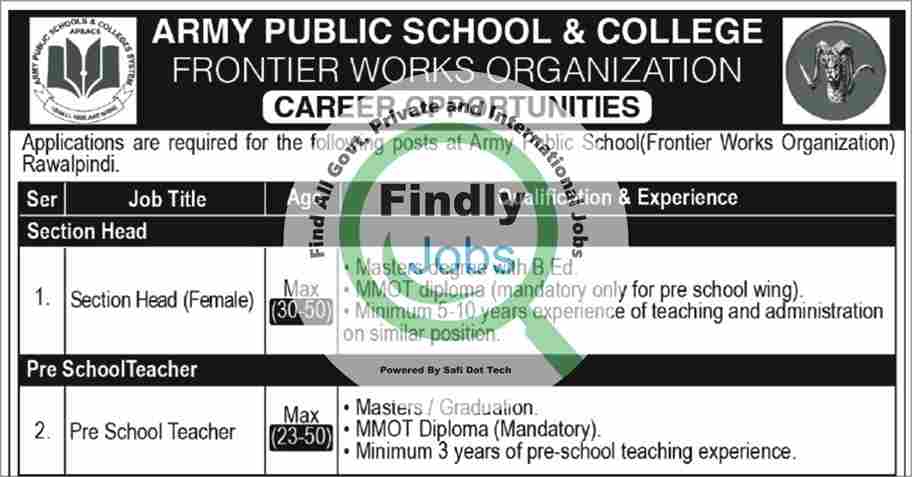 Army Public Schools and Colleges FWO Rawalpindi Jobs March 2024